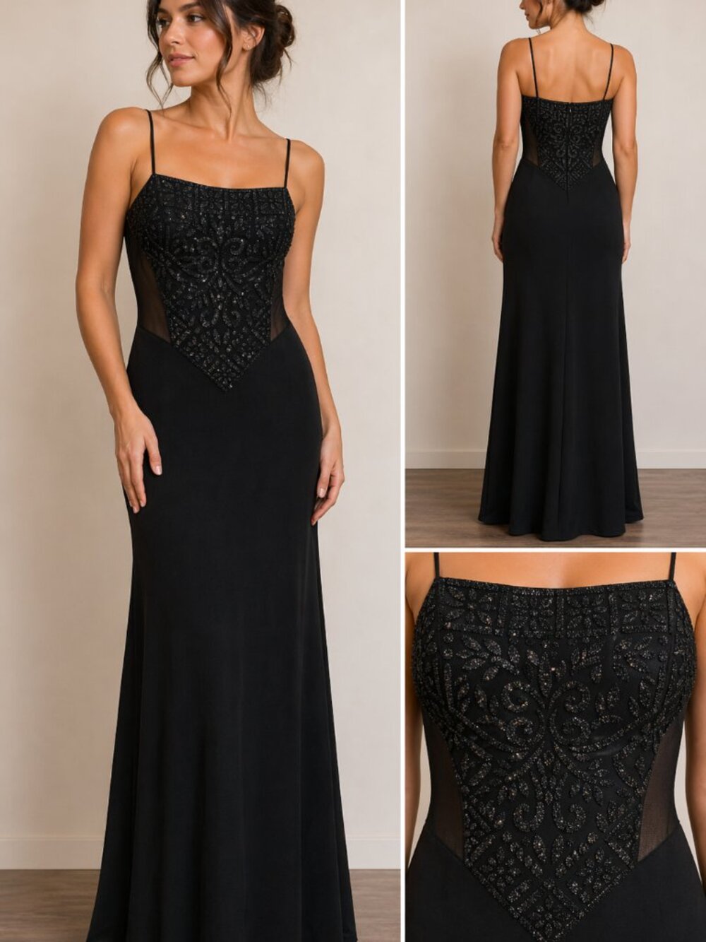 Bari Jay Vintage Black Beaded Evening Gown Dress Size 7/8 Spaghetti Strap Formal